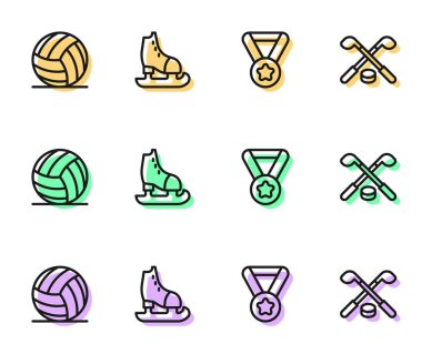 Set hattı madalyası, voleybol topu, buz hokeyi sopası ve disk ikonu. Vektör