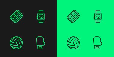 Çizgili boks eldiveni, voleybol topu, futbol sahası ve kalp ikonlu akıllı saat. Vektör