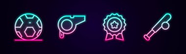 Futbol topu, ıslık, yıldız ve beysbol sopasıyla madalya. Parlayan neon ikonu. Vektör