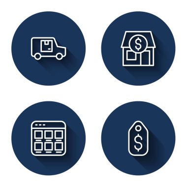 Hat teslimat kamyonu, market, çevrimiçi alışveriş ve uzun gölgeli dolar etiketi. Mavi daire düğmesi. Vektör