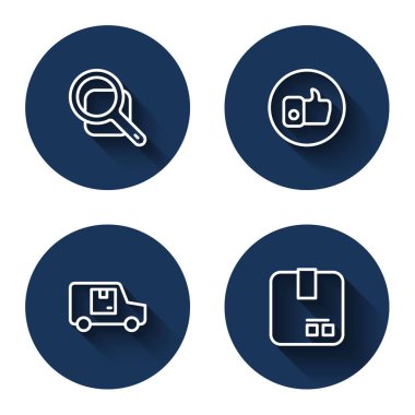 Çizgi büyüteç, el, kargo kamyonu ve uzun gölgeli karton kutu. Mavi daire düğmesi. Vektör