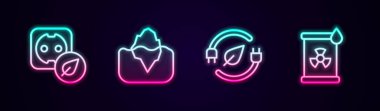 Elektrik prizi, Iceberg, yaprak ve radyoaktif atık varillerinde tasarruf prizi ayarlayın. Parlayan neon ikonu. Vektör