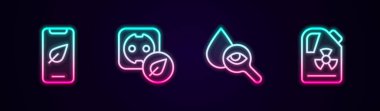 Telefon hattını yaprak, elektrik prizi, damla ve büyüteç ve radyoaktif atık varili ile ayarla. Parlayan neon ikonu. Vektör