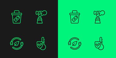 Hat termometresi, yaprak, çöp tenekesi ve CO2 emisyon bulut simgesi elektrik tasarrufu prizi ayarlayın. Vektör