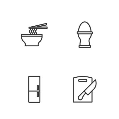 Kesme tahtası, bıçak, buzdolabı, Asya erişte kasesi ve tavuk yumurtası. Vektör