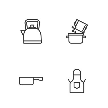 Mutfak önlüğü, kızartma tavası, saplı kettle ve baharat ikonu. Vektör