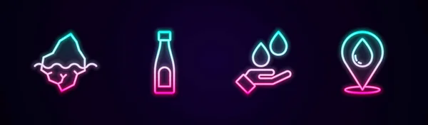 Set lijn IJsberg, Fles water, Wassen handen met zeep en Water drop locatie. Een gloeiend neon icoon. Vector — Stockvector