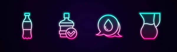 Set line Bottle of water, Big bottle with clean, Water drop speech bubbles and Jug glass. Glowing neon icon. Vector — Stock Vector