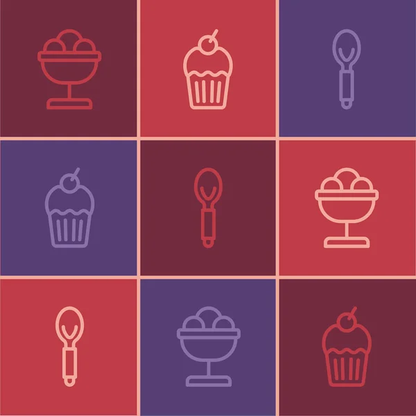 Nastav do misky zmrzlinu, ikonu lžička a muffin. Vektor — Stockový vektor