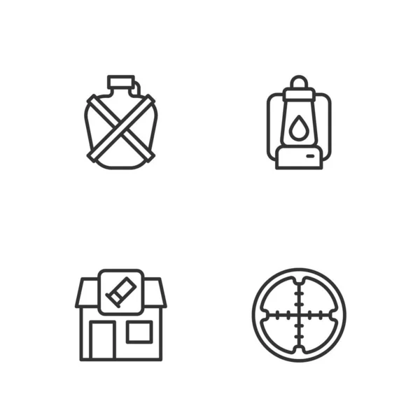 Set line Sniper optical sight, Hunting shop, Canteen water bottle and Camping lantern icon. Vector — Stock Vector