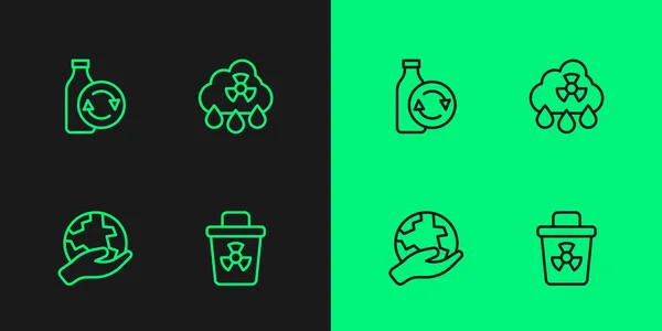 Set line Infekční odpad, Ruční držení Země glóbus, Recyklace plastové láhve a Acid déšť radioaktivní mrak ikony. Vektor — Stockový vektor