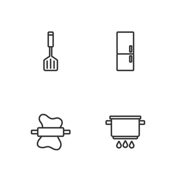 Linea Set pentola di cottura in fiamme, pasta mattarello, Spatola e icona del frigorifero. Vettore — Vettoriale Stock