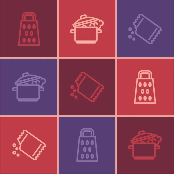 Set rallador de línea, paquete de pimienta y el icono de olla de cocina. Vector — Archivo Imágenes Vectoriales