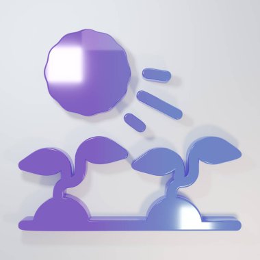 Mor-mavi bitki filizleri, gri arka planda izole edilmiş güneş ikonunda yetişir. Tohumlama konsepti. Minimalizm kavramı. 3 Boyutlu resimleme.