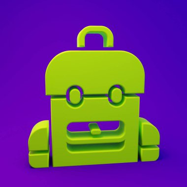 Yeşil Okul sırt çantası simgesi mor-mavi arkaplanda izole edildi. Minimalizm kavramı. 3 Boyutlu resimleme.