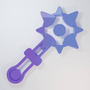 Purple-blue Medieval chained mace ball icon isolated on grey background. Morgenstern medieval weapon or mace with spikes. Minimalism concept. 3D render illustration.