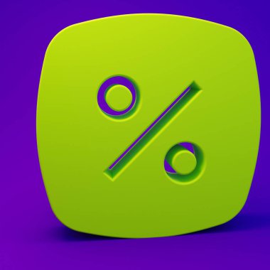 Yeşil İndirim etiketi simgesi mor-mavi arka planda izole edildi. Etiket alışverişi. Özel teklif işareti. İndirim kuponları sembolü. Minimalizm kavramı. 3 Boyutlu resimleme.