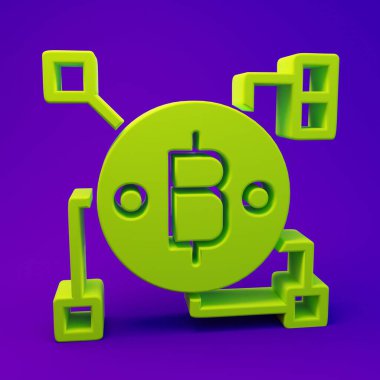 Green Blockchain technology Bitcoin icon isolated on purple-blue background. Abstract geometric block chain network technology business. Minimalism concept. 3D render illustration.