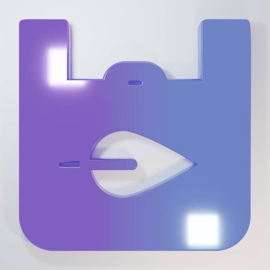 Gri zemin üzerinde geri dönüşüm simgesi olan mor-mavi kağıt alışveriş torbası. Geri dönüşüm sembollü çanta. Minimalizm kavramı. 3 Boyutlu resimleme.