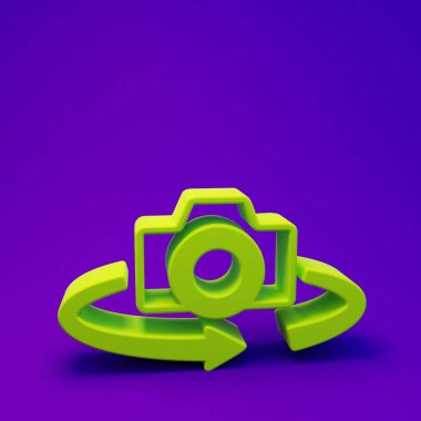 Mor-mavi arkaplanda izole edilmiş yeşil 360 derecelik görüntü simgesi. Sanal gerçeklik. 360 derecelik açıyla. Panorama fotoğrafı. Minimalizm kavramı. 3 Boyutlu resimleme.