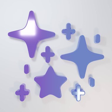 Mor-mavi parıldayan yıldızlar, gri arkaplanda izole edilmiş büyülü simge parçacıkları ikonu. Sihirli noel süsü. Minimalizm kavramı. 3 Boyutlu resimleme.