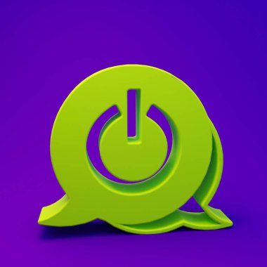 Mor-mavi arkaplanda yeşil güç simgesi izole edildi. Başlat işareti. Minimalizm kavramı. 3 Boyutlu resimleme.