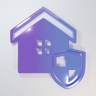 Gri arkaplan üzerinde kalkan simgesi olan mor-mavi bir ev. Sigorta konsepti. Güvenlik, güvenlik, koruma, konsept koruma. Minimalizm kavramı. 3 Boyutlu resimleme.