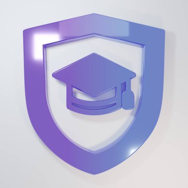 Purple-blue Graduation cap with shield icon isolated on grey background. Insurance concept. Security, safety, protection, protect concept. Minimalism concept. 3D render illustration.