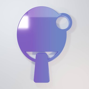 Masa tenisi ikonunu oynamak için mor raket gri arka planda izole edilmiş. Minimalizm kavramı. 3 Boyutlu resimleme.