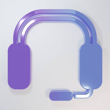 Mor-mavi kulaklık simgesi gri arkaplanda izole edilmiş. Kulaklıklar. Müzik, hizmet, iletişim ve operatör konsepti. Minimalizm kavramı. 3 Boyutlu resimleme.