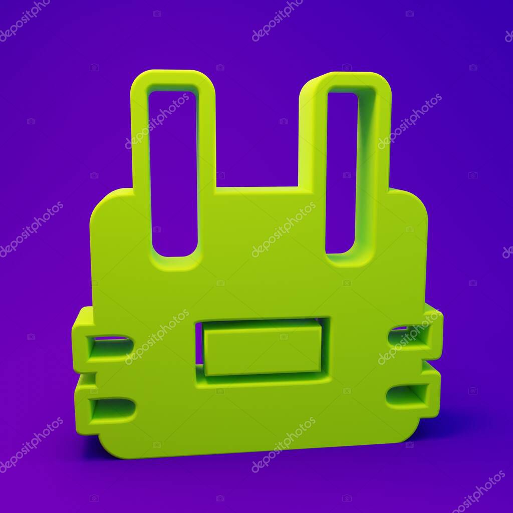 Green Bulletproof vest for protection from bullets icon isolated on purple-blue background. Body armor sign. Military clothing. Minimalism concept. 3D render illustration.