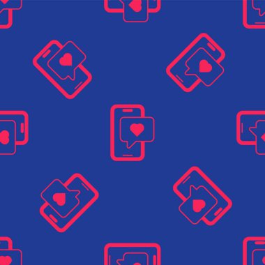 Kalp emojisi konuşma balonlu kırmızı akıllı telefon mavi arkaplanda izole edilmiş ekran simgesine mesaj gönder. Sevgililer Günü. Vektör.