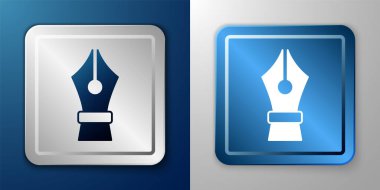 Beyaz Çeşme kalem ucu simgesi mavi ve gri arkaplanda izole edilmiş. Kalem aleti işareti. Gümüş ve mavi kare düğme. Vektör.