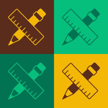 Pop Art Crossed cetvel ve kalem simgesi renk arkaplanında izole. Düz sembol. Çizim ve eğitim araçları. Vektör.