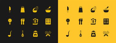 Fırın çırpıcısını kase elektrikli çaydanlık pulu çapraz bıçak ve çatal ölçme bardağı bıçağı ve rende ikonu ile ayarla. Vektör.