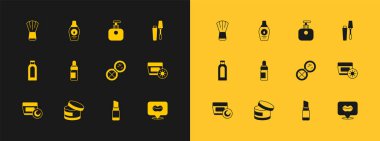 Mascara fırça kremi ya da losyon kozmetik makyaj tozunu ayna ruj esaslı yağ şişesi kremi ve şişe şampuan ikonu ile ayarla. Vektör.