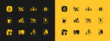 Petrol tankı depolama platformunu dolar sembolü turta şeması, boru vanası ve pompa pompası ikonu ile deniz damlasına kurun. Vektör.