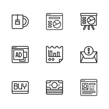 Satır Stacks kağıt para nakit Zarf Özgeçmiş Belgesi Grafik Grafik Tablosu Çay Turtası bilgi ikonu ve Reklam simgesi ile ayarlayın. Vektör.