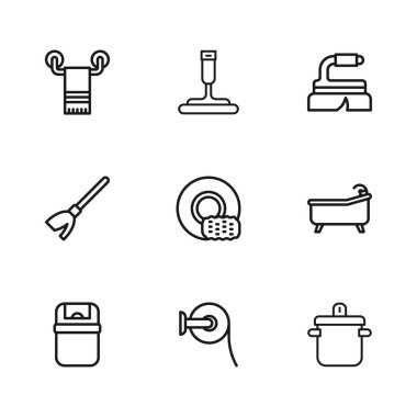 Tuvalet kâğıdı rulo banyo küveti yemek tenceresi bulaşık fırçası askı temizleyicisi camlarında havlu fırçası ve süpürge ikonu. Vektör.