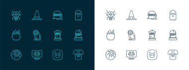 Hayalet Mutlu Cadılar Bayramı Tombstone 'u, RIP yazılı Kara Kedi Baykuş Boo konuşma balonu Örümcek ve Cadı şapkası ikonu ile belirle. Vektör.