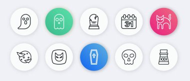 Çizgiyi Hristiyan haçı Kara Kedi Ayı ve yıldız Kafatası Cadılar Bayramı 'nın 31 Ekim tarihli Tombstone RIP ile belirle. Şişe iksiri ve ikonu. Vektör.