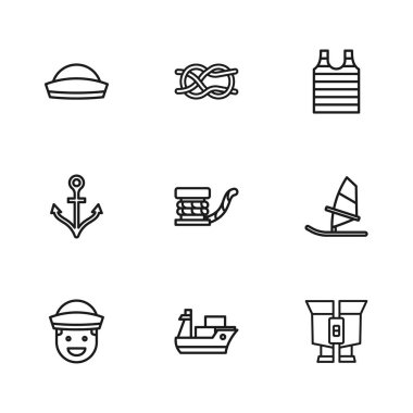 Çizgili denizci tişörtü Denizci şapkası ve Anchor simgesiyle kargo gemisi Windsurlars Marine bollard 'ı ayarlayın. Vektör.