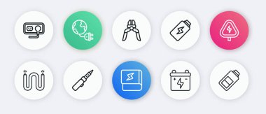 Elektrik yüksek gerilimli elektrikli araba pili pili şarj aleti ve lehim metal ikonu hakkında bir satır oluştur. Vektör.