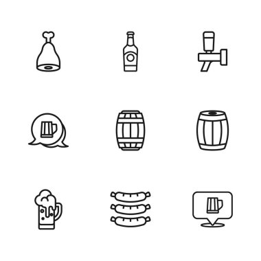 Sausage Wooden bira bardağı bira fıçısı bira fıçısı tavuk bacağı şişesi ve ikon. Vektör.