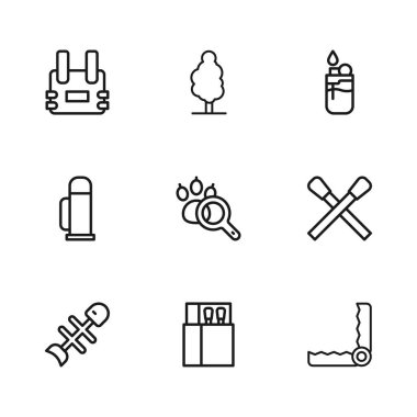 Hattı aç kibrit kutusunu ateşle yakma, Paw avı, Aydınlık Kurşun geçirmez yelek ağacı ve termos konteynır ikonu ile eşleştir. Vektör.