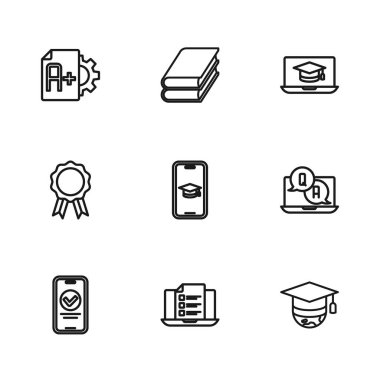 Çevrimiçi Sınav Sınavı Anketi Sorusu ve Yanıt Graduation cap Mobil Laptop Sınav Kağıdı artı not defteri ve eğitim diploması ikonu. Vektör.