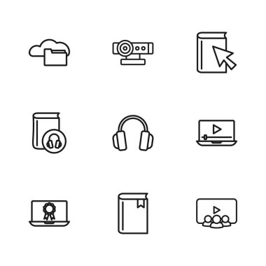 Book Online video sınıfı kulaklık kitabı, bulut ya da çevrimiçi kütüphane kamerası ve ses simgesi oynat. Vektör.