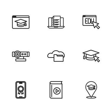 İmleç Çevrimiçi Eğitim Cloud online kütüphane sınav anketi ve Web kamera simgesi ile ses kitabı mezuniyet başlığını ayarla. Vektör.