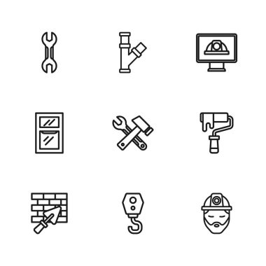 Hat, Crane oltası, paten fırçası, çekiç, anahtar anahtarı, güvenlik kaskı Wrench Endüstri, metal boru ve pencere odası ikonu. Vektör.