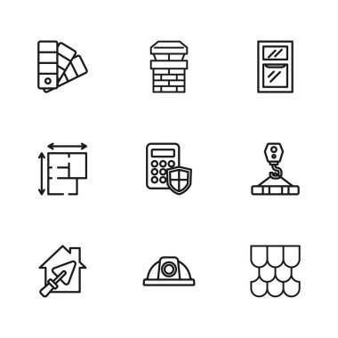 Hat çizgisi güvenlik kaskı Crane kancası kiremit kaplama giriş paneli Renk palet rehberi Chimney ve Ev planı ikonu. Vektör.